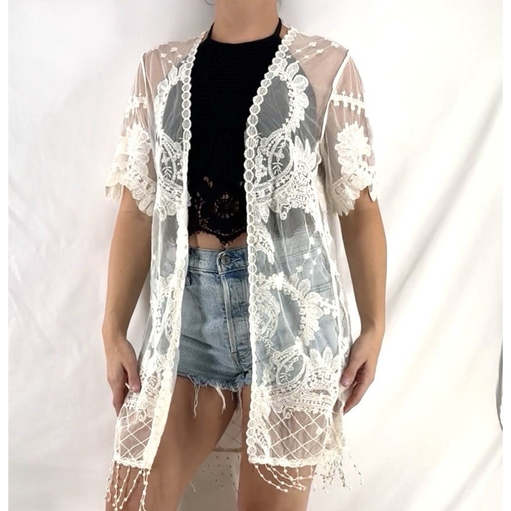 Boho Lace Kimono L Cowgirl Western Rodeo Coastal Embroider Beach Fringe Cover Up